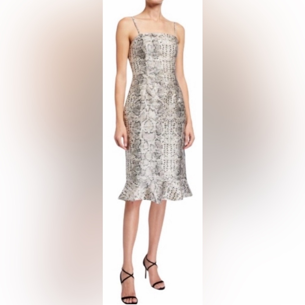 Anthropologie Hutch Snakeskin Print Midi Dress Ruffled Hem Beige & Black Size 12